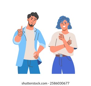 People pointing with finger. Happy teens indicate with hand. Smiling couple showing something and making thumbs up gesture. Positive characters. Cartoon flat vector illustration isolated on background