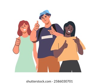 People pointing with finger. Happy teens indicate with hand. Cheerful men and women give thumbs up, make choice and point to it. Cartoon flat vector illustration isolated on background