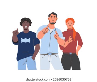 People pointing with finger. Happy teens indicate with hand. Group of smiling people point at you and make thumbs up gesture. Cartoon flat vector illustration isolated on background