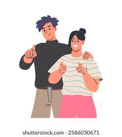 People pointing with finger. Positive smiling couple or friends showing something and making thumbs up gesture. Happy teens indicate with hand. Cartoon flat vector illustration isolated on background