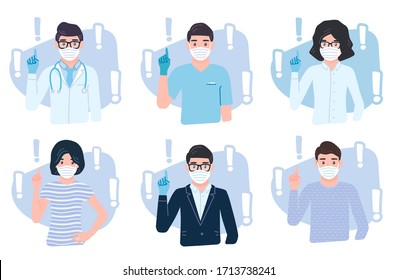 People pointing finger up wearing protective medical mask for prevent corona virus Covid-19. personages in gloves came up with idea, gesturing. Characters giving advice concept set. Exclamation point