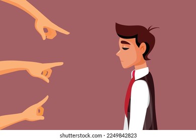 
People Pointing Fingers Blaming a Man Vector Cartoon Illustration. Business manager being accused and found guilty by staff
