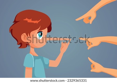 
People Pointing Fingers Blaming a Man Vector Cartoon Illustration. Mythomaniac child feeling regret about problematic dishonest behavior
