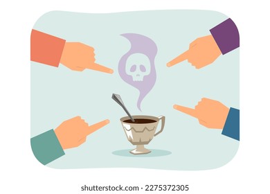 People pointing fingers at coffee vector illustration. Dangerous hot drink cup with steam in shape of skull. Refusal of coffee, harm of caffeine, health care, caffeine free menu concept