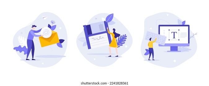 People pointing at floppy disk, putting address symbol into envelope, using computer keyboard. Concept of e-mail message, digital data saving, text editor program. Set of flat vector illustrations.