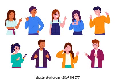 People pointing and gesticulating. Young multinational men and women depict different actions with signs, happy students indicate direction, give signs, vector cartoon flat isolated set