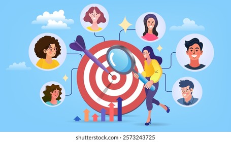 People pointing at giant target. Business opportunity concept. strategy or aiming. business targeting, aiming, focus. Hitting the target. Work problem resolution. Achieving the goal. Vector