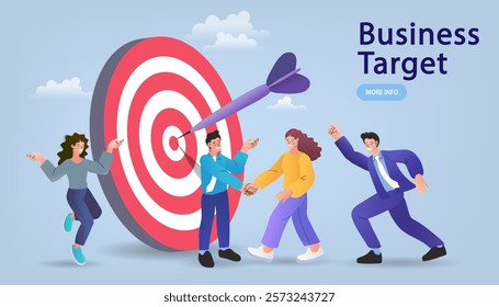 People pointing at giant target. Business opportunity concept. strategy or aiming. business targeting, aiming, focus. Hitting the target. Work problem resolution. Achieving the goal. Vector