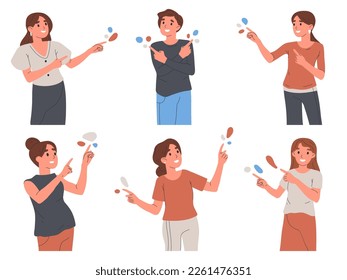 People pointing with index fingers. Cheerful male and female characters indicating, pointing up and side flat vector illustration set on white background