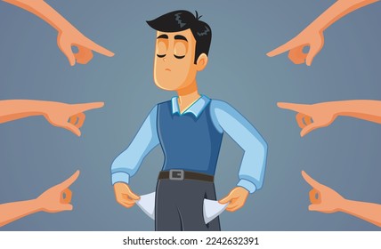 
People Pointing to a Man Having No Money Vector Cartoon Illustration. Unhappy broke person feeling depressed and frustrated blamed by society
