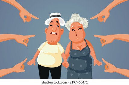 
People Pointing To A Mature Couple Holding Hands Vector Cartoon. Middle-aged People Finding Love Later In Life Being Criticized By Society 
