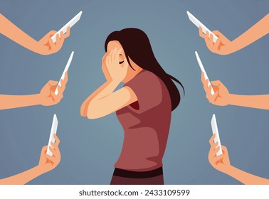 
People Pointing Mobile Phones at a Girl Hiding Her Face Vector Illustration. Stressed person having her privacy invaded by others filming her
