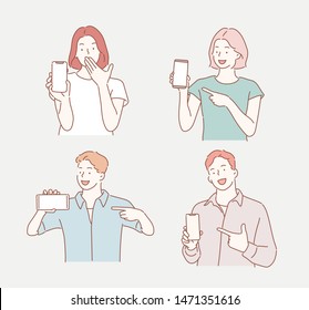 People are pointing on smartphone. Hand drawn style vector design illustrations.