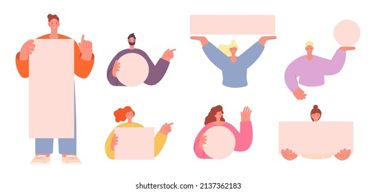 People pointing on something. Woman man holding banners, happy person with blank placard point fingers or hands, vector characters