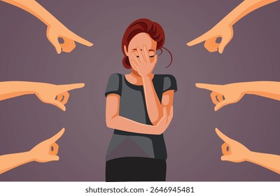 
Pessoas apontando para um triste design de ilustração de vetor de mulher deprimida. Pessoa sendo estigmatizada e culpada por algo de que ela não é culpada 
