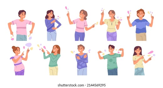 People pointing to something, characters indicating and pointing with index finger. Happy people pointing side, up and down vector symbols illustrations set. Pointing characters