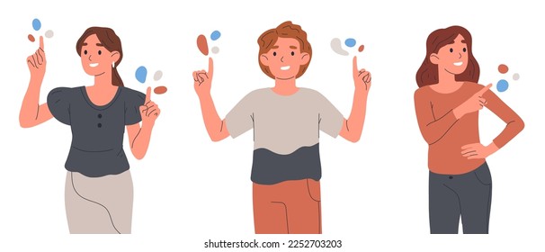 People pointing to something. Characters indicating and pointing with index finger, cheerful people pointing up flat vector illustration set