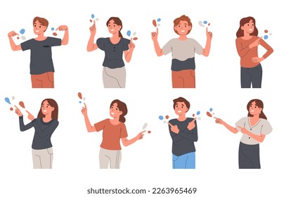 People pointing to something. Characters indicating and pointing with index finger, people pointing side, up and down flat vector illustration set