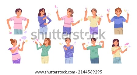 People pointing to something, characters indicating and pointing with index finger. Happy people pointing side, up and down vector symbols illustrations set. Pointing characters