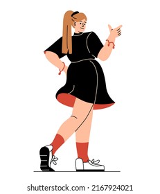La gente señala algo. Modelo para afiches publicitarios. Chica con vestido oscuro. Moda y estilo, pegatinas para redes sociales, promoción de productos en Internet. Dibujo vectorial plano de dibujos animados