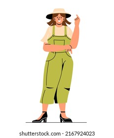 Menschen, die auf etwas zeigen. Modell für Werbeplakate. Bauernfrau und Landwirtschaft. Aufkleber für soziale Medien, Online-Marketing und Werbung im Internet. Cartoon-Flavektor-Vektorgrafik