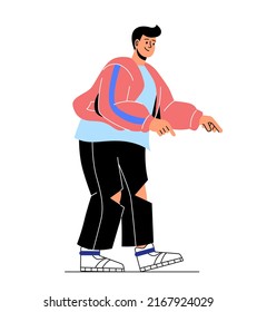 La gente señala algo. Modelo para carteles publicitarios y banners. Joven con ropa elegante y de moda. Etiquetas para redes sociales, emociones y emojis. Dibujo vectorial plano de dibujos animados