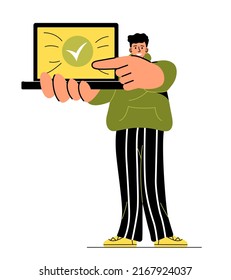People pointing at something. Model for advertising posters and banners. Man with laptop in his hand, check mark. Promotion of goods on Internet, gadgets and devices. Cartoon flat vector illustration