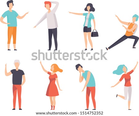 People pointing their finger in different directions set, faceless men and women characters gesturing vector Illustrations on a white background
