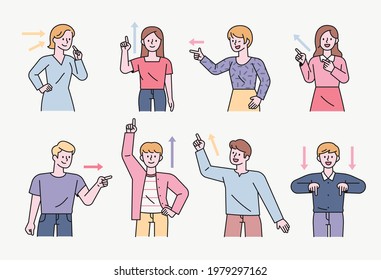 People are pointing their fingers up and down, left and right, and themselves in various directions. flat design style minimal vector illustration.