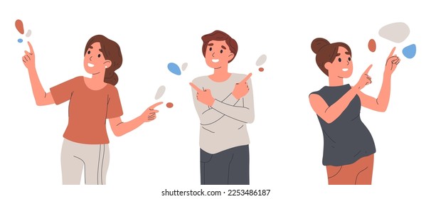 People pointing up. Character indicating and pointing with index finger, cheerful man and woman pointing up flat vector illustration on white background