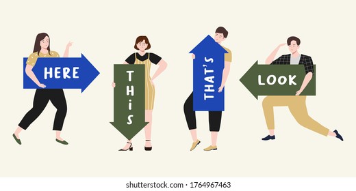 People pointing up, down, left, right and holding big direction arrow with text space vector illustration. Male and female do guide direction