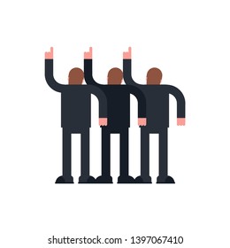 People points up hand. Group of people stand back. Vector illustration.