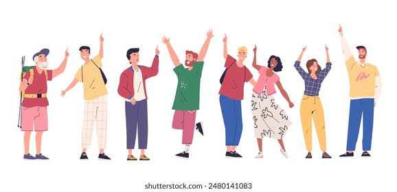 People point-up direction. Laughing man woman couple looking up indicate finger gesture, stand employee guy or senior arm indicating goal upward look in sky vector illustration