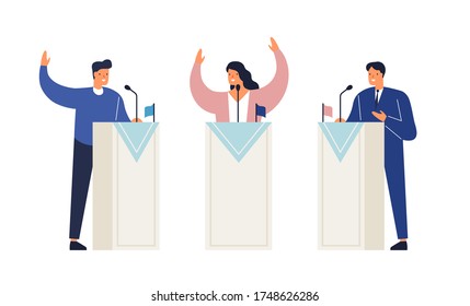 People politicians standing on tribunes with raising hands vector isometric illustration. Man and woman at political debates, pre-election campaign or agitate isolated on white. Candidate meeting