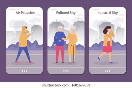 People in polluted industrial city with smog, coughing, respirator masks set of banners, flat vector illustration. Air pollution in city streets. Carbon dioxide emissions polutes air concept.