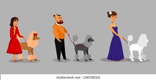 People with Poodles Vector Illustration Collection. Dogs on Leash Isolated Drawing. Animal Tamer, Trainer Cartoon Character. Different Pedigree Pets Flat Cliparts Set. Friendship, Animal Care