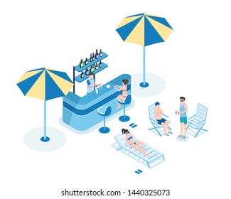 People in pool bar isometric vector illustration. Barkeeper, women in bikini and men in summer clothes 3D cartoon characters. Bartender making cocktail, young tourists drinking refreshments