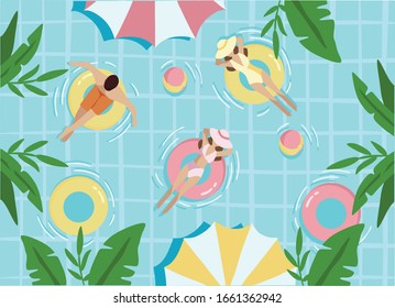 gente en la piscina, ilustración plana de la gente en el agua, salvavidas, bola, paraguas, hojas