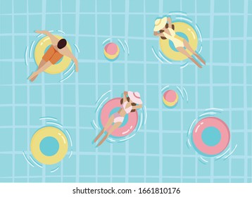 people in the pool, flat illustration of people in the water, lifebuoy, ball