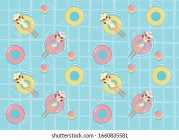 people in the pool, flat pattern of people in the water, lifebuoy, ball
