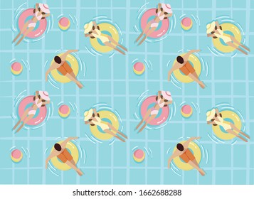 people in the pool, flat pattern of people in the water, lifebuoy, ball