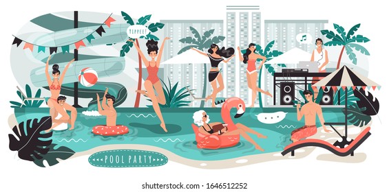 Gente en la fiesta de billar en la ciudad, jóvenes hombres y mujeres divirtiéndose, ilustraciones vectoriales. Personajes de dibujos animados bailando música, nadando en la piscina. Amigos en ropa de baño relajándose en la fiesta, charlando y coqueteando