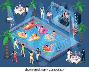 People pool party isometric composition with view of festive people on inflatable rings dancing drinking cocktails vector illustration