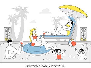 Personas fiesta en la piscina. Hombre y mujer con cócteles en la piscina. Las Personas se relajan en Clima caliente. Festiva y eventos en países tropicales y exóticos. Ilustración vectorial lineal aislada sobre fondo blanco