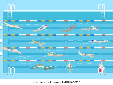 Gente en la piscina. Hombres y mujeres nadar en la piscina pública ilustración vectorial, nadadores en carriles