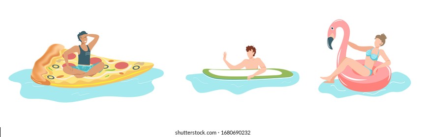 Gente en la piscina, hombre y mujer flotando en anillos inflables, colchón en forma de pizza ilustración vectorial aislada. Vacaciones de verano y diversión en piscina de agua. Gente en traje de baño de vacaciones, playa.