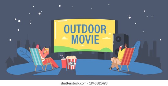 People With Pop Corn In Open Air Cinema At House Backyard Or City Park. Characters Spend Night At Outdoor Movie Theater Watching Film On Big Screen With Sound System. Cartoon Vector Illustration