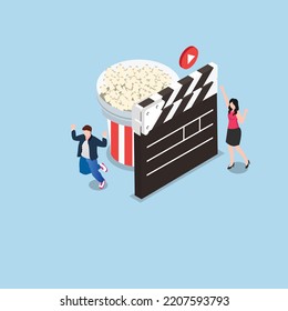 People with Popcorn and clapperboard isometric 3d vector illustration concept for banner, website, illustration, landing page, flyer, etc.