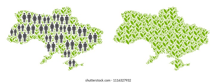 People population and eco Ukraine map with Crimea. Vector collage of Ukraine map with Crimea made of scattered people and flora elements in variable sizes.
