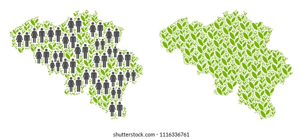 People population and environment Belgium map. Vector pattern of Belgium map organized of randomized person and flora items in variable sizes. Abstract social presentation of nation mass cartography.